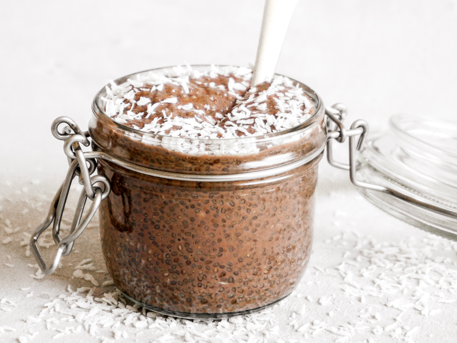 Chocolate Chia Pudding with coconut on top