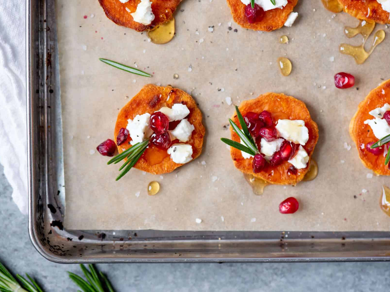 Sweet Potato Crostini with Goat Cheese and Pomegranate